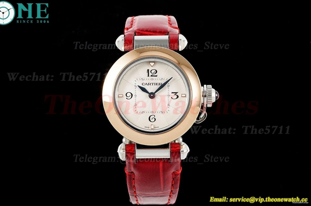 30mm SS De Ladies White LE Cartier Quartz RG Dial Red Pasha AF 0325